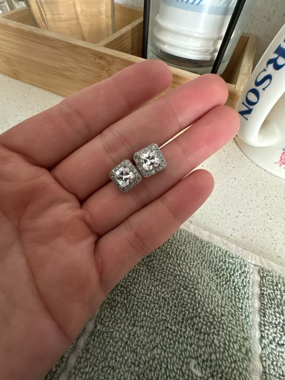 Cubic Zirconia Square Halo Stud Earrings Silver Tone
